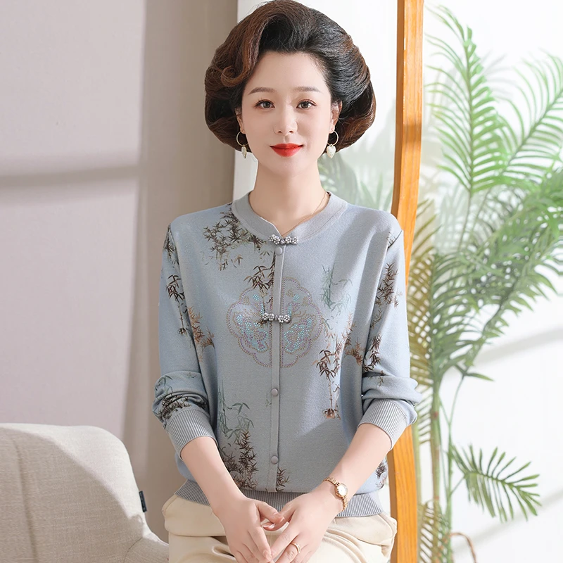 春秋中式妈妈装中老年洋气旗袍领打底衫长袖外穿国风针织衫上衣