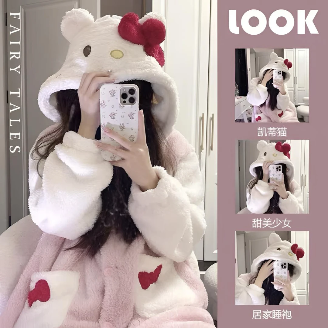 KT猫睡衣家居服女秋冬季加绒加厚浴袍可爱冬天睡袍长款家居服