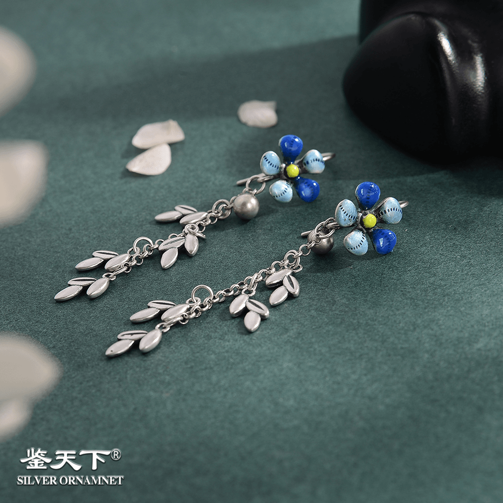 925银珐琅耳饰 【鉴天下】珐琅彩梅花麦穗流苏耳坠 纯手工 07120018