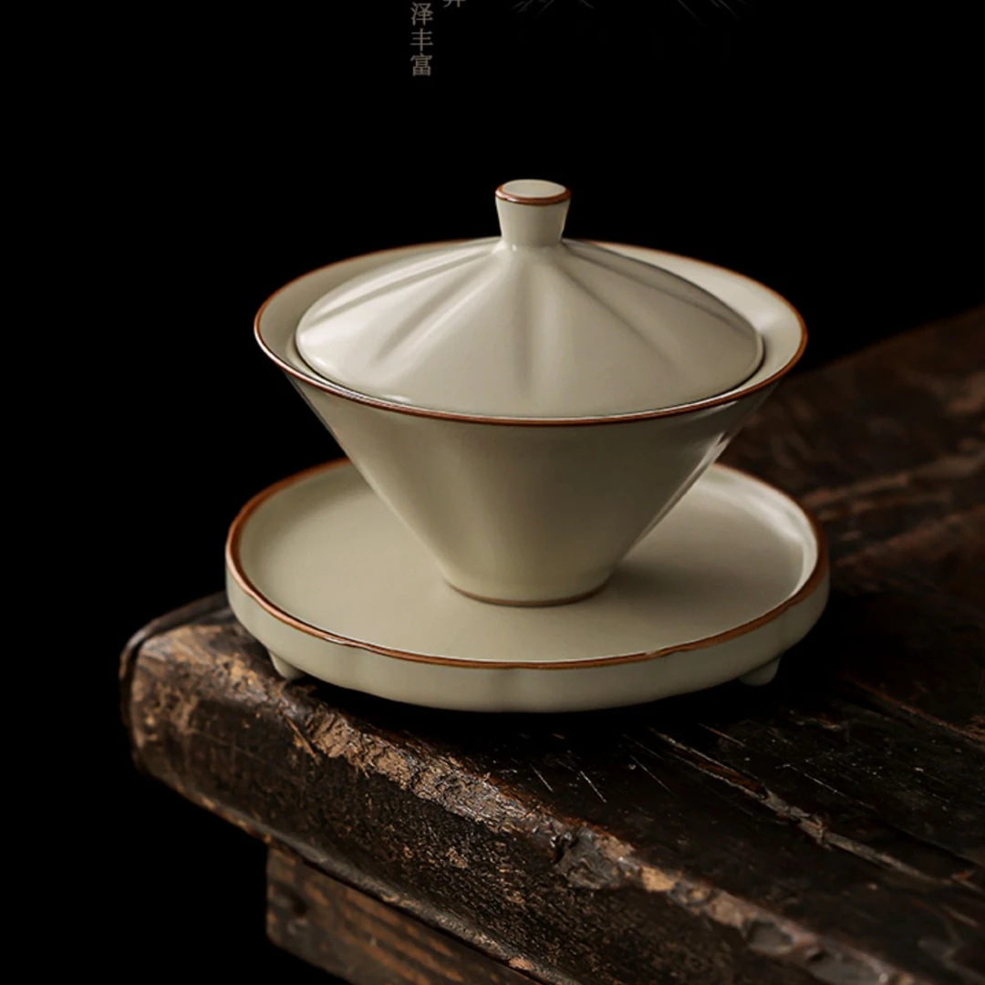 开片黄汝三才盖碗家用带盖斗笠盖碗茶杯陶瓷茶碗茶杯功夫茶具泡茶