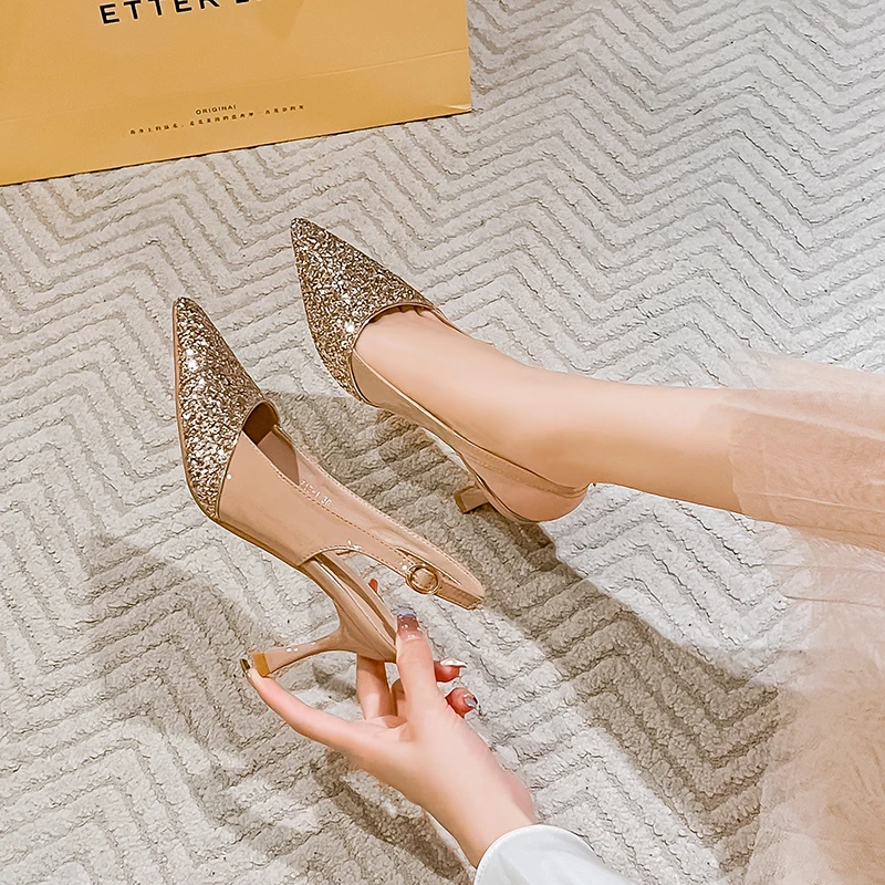 包头凉鞋女尖头单鞋女细跟高跟鞋一字带凉鞋粗跟气质时尚夏季百搭