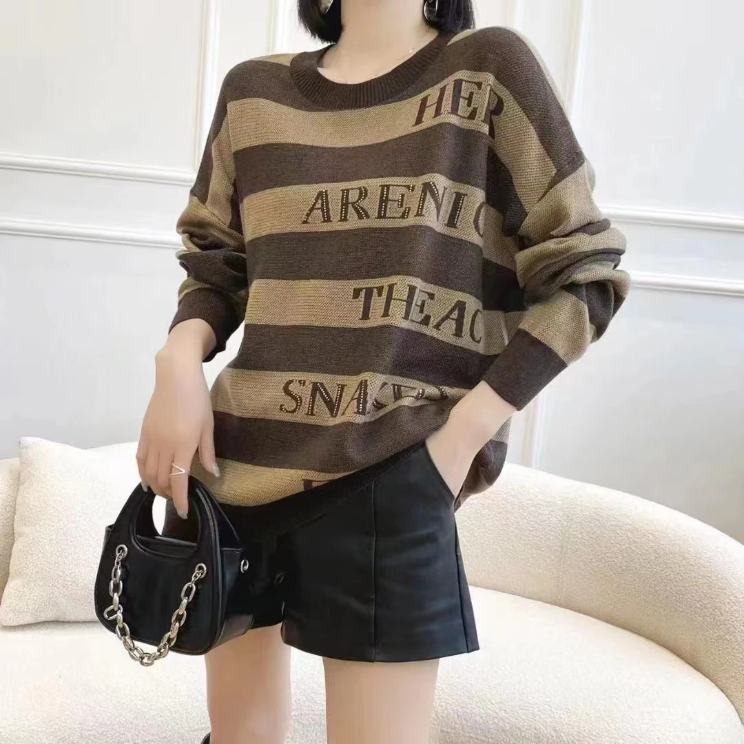 XX&【半熟恋人】G21#圆领撞色宽条纹烫钻字母休闲高织高密毛针织衫i