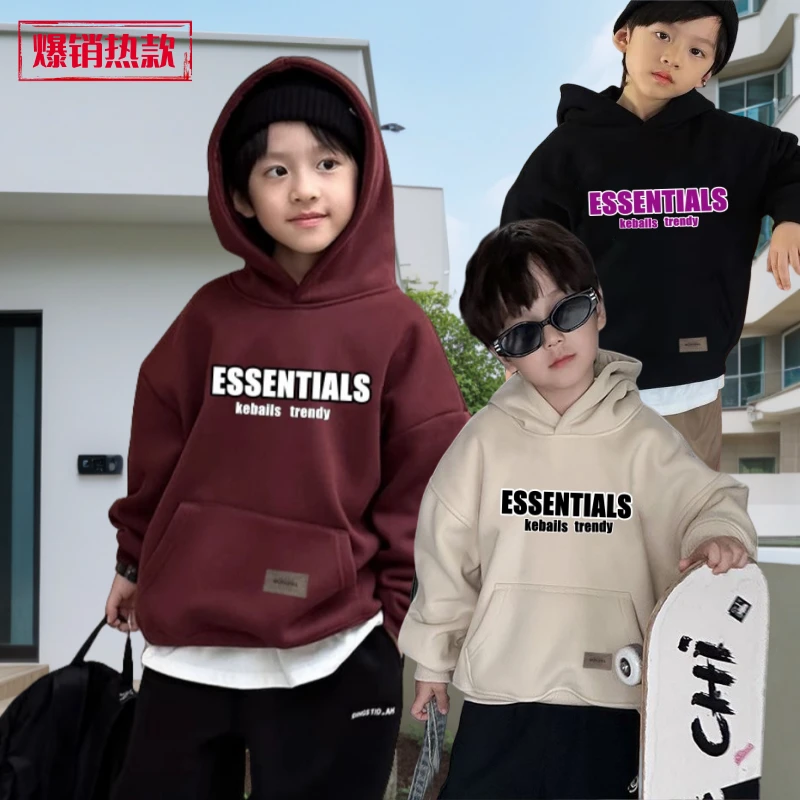 加绒加厚冬季中大童连帽卫衣男童洋气宽松保暖套头带帽秋冬卫衣