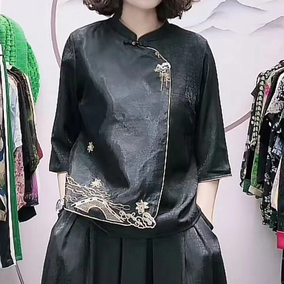 小桥流水欧根纱常熟新中式拼接小衫绣花黑色立领复古时尚