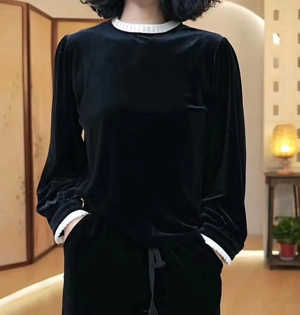 白木耳边丝绒上衣-648