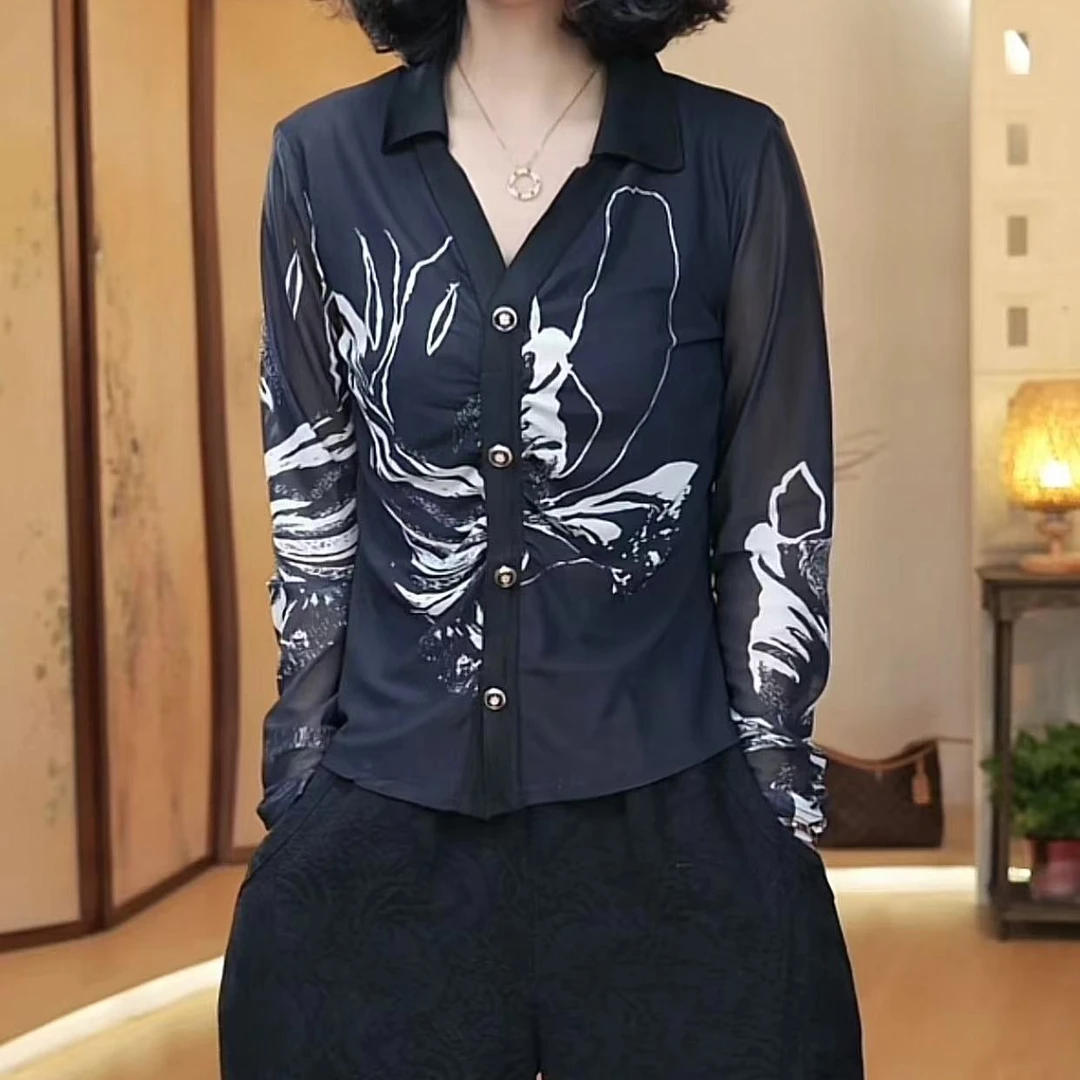 POLO褶皱网纱小衫-1