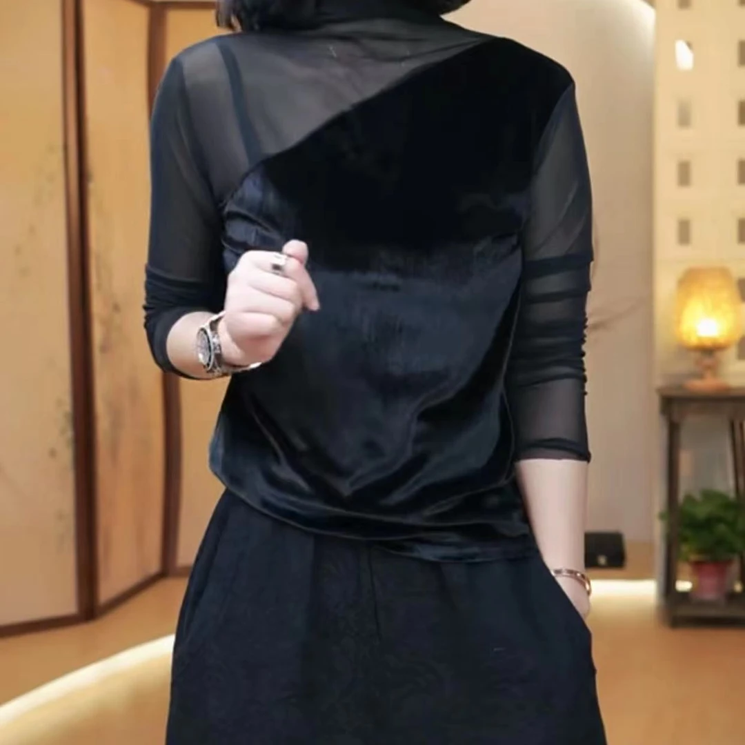 网纱丝绒拼接斜边小衫