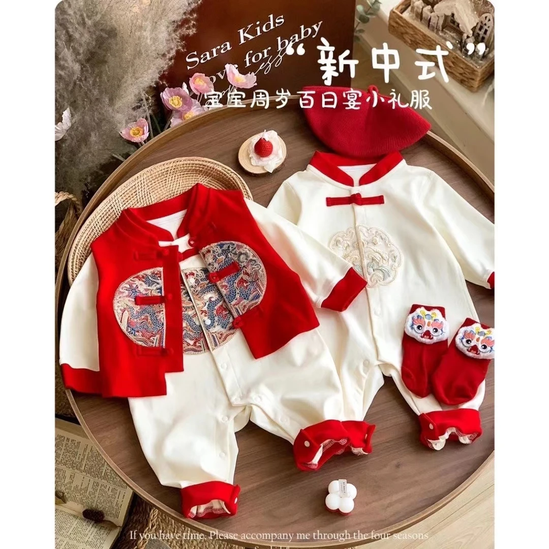 通用女中国风A类春秋爬服哈衣喜庆秋季拜年服男童