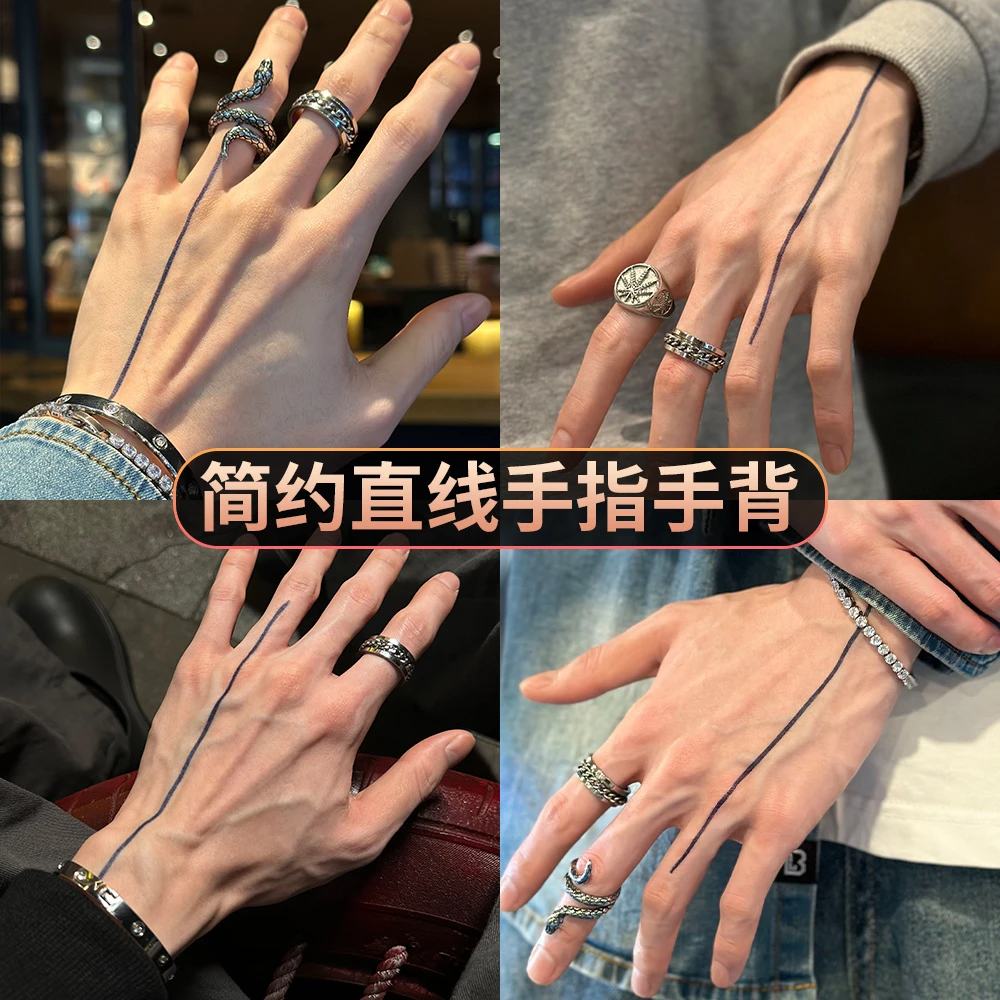 简约直线酷帅手指手背草本果汁纹身贴防水防搓不反光草本纹身贴