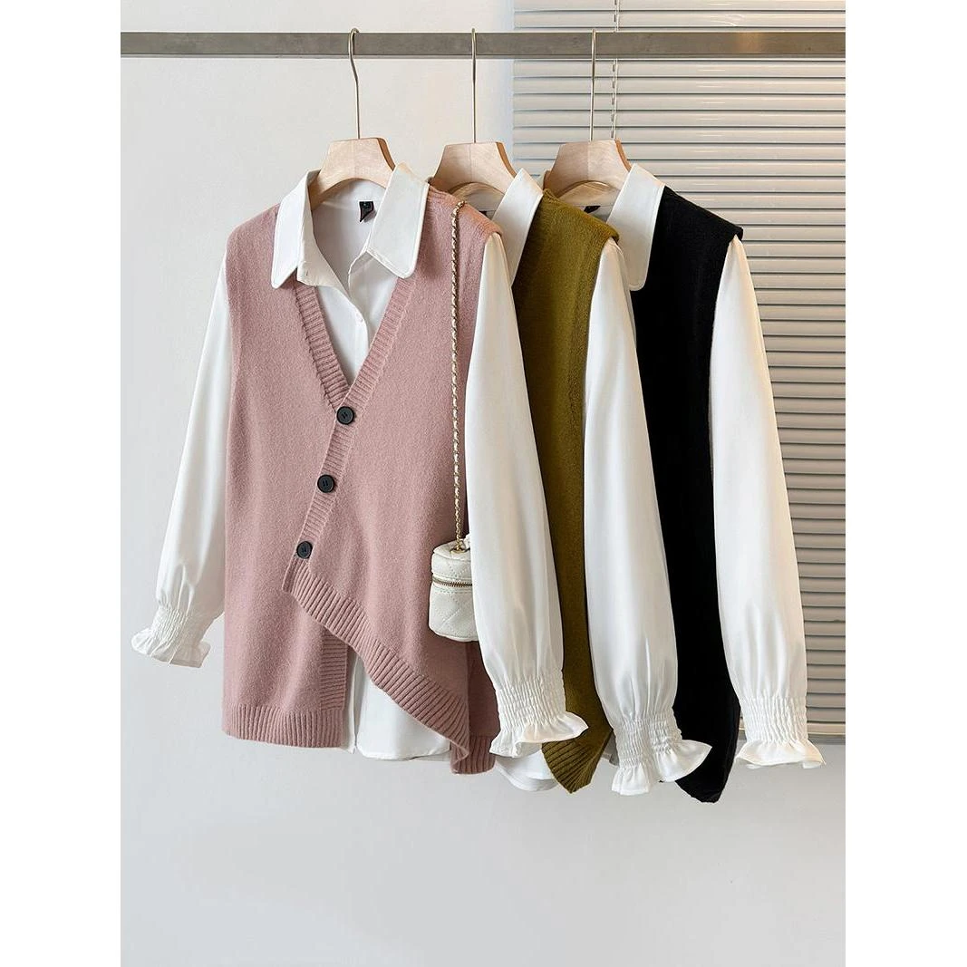 秋新款胖mm大码百搭不对称针织毛背心衬衣两件套装-DNH71206+4230