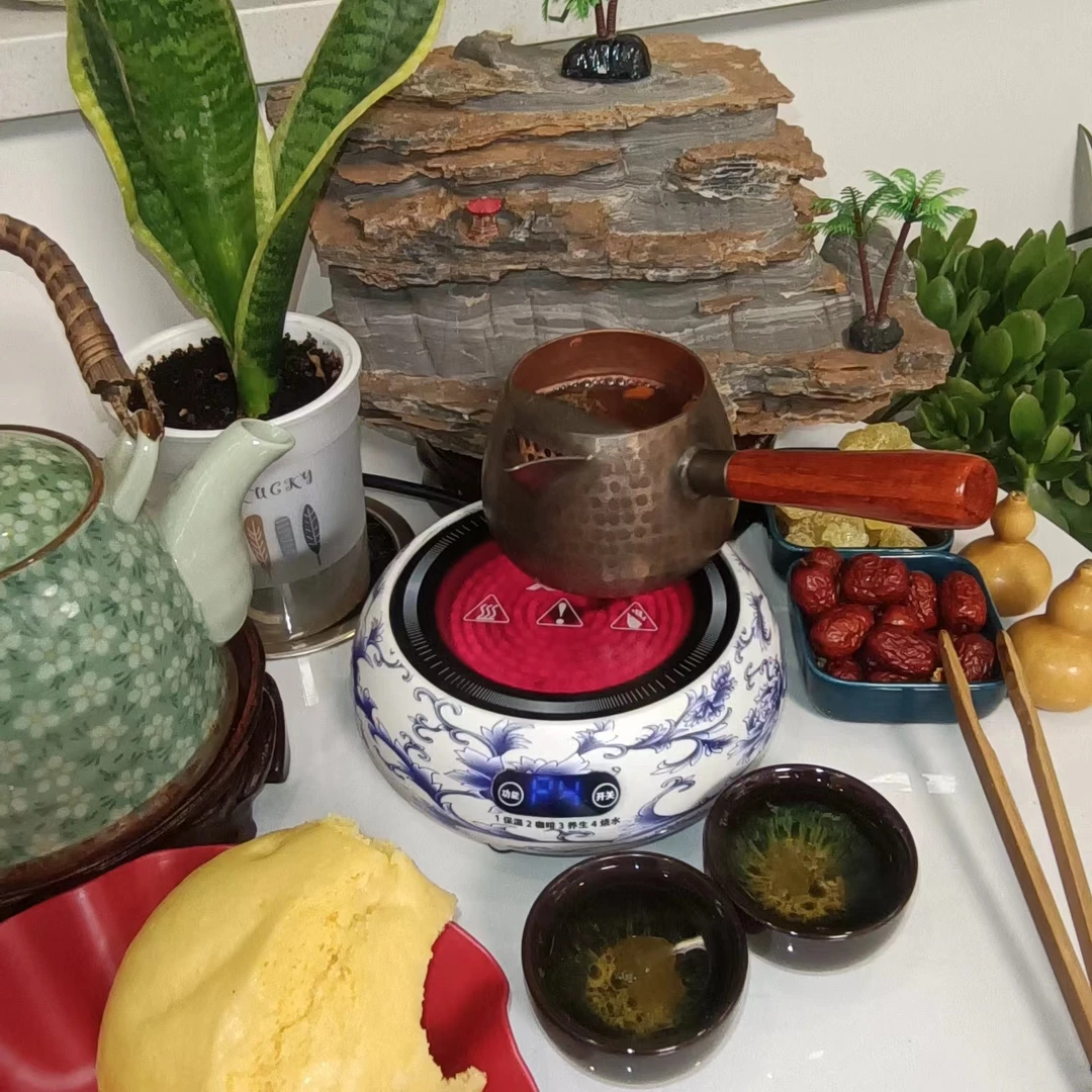 罐罐茶煮茶器明火电陶炉可调温800瓦青花瓷纯铜紫铜罐有过滤套装