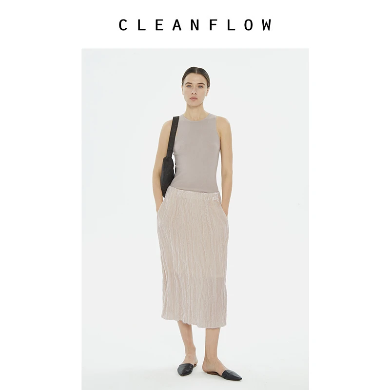 CLEANFLOW | 淡粉色桑蚕丝褶皱乔绒中长直筒半裙肌理感温柔半身裙