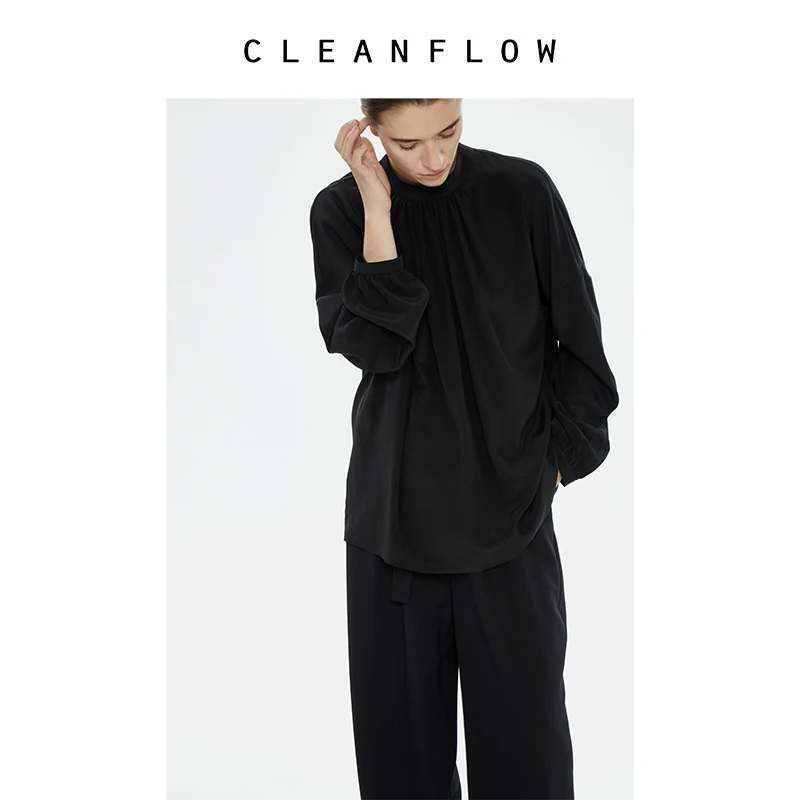 CLEANFLOW | 黑色16姆米双绉桑蚕真丝套头小圆立领碎褶宽松衬衫