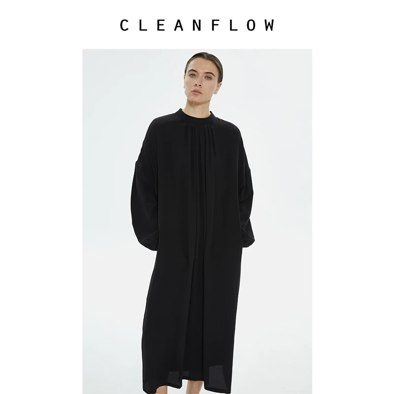 CLEANFLOW | 黑色18姆米双绉桑蚕真丝小圆立领碎褶宽松超长连衣裙