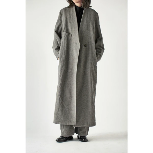 CLEANFLOW | 花岗岩灰棉麻色织超长无领长款风衣大衣秋季通勤长袖