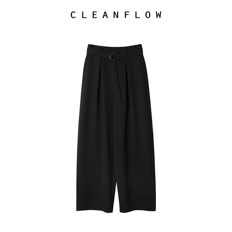 CLEANFLOW | 黑色40姆米弹力重绉腰带直筒休闲宽松甩腿西裤