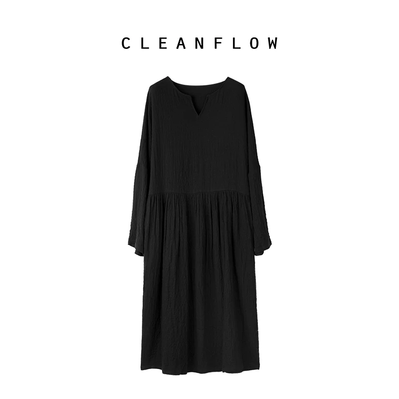 CLEANFLOW | 皱布开口碎褶连衣裙女高级感2024秋新款裙子