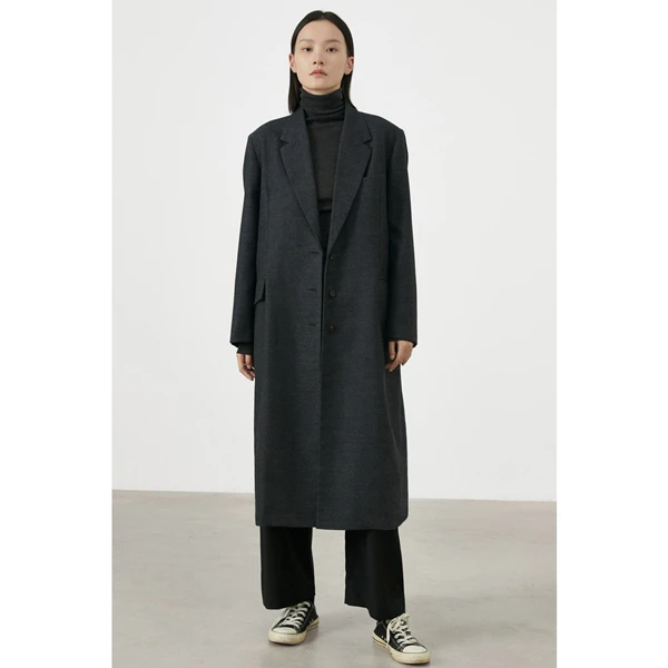 CLEANFLOW | 深灰色织精纺羊毛斜纹西装领超长单排扣大衣风衣长款