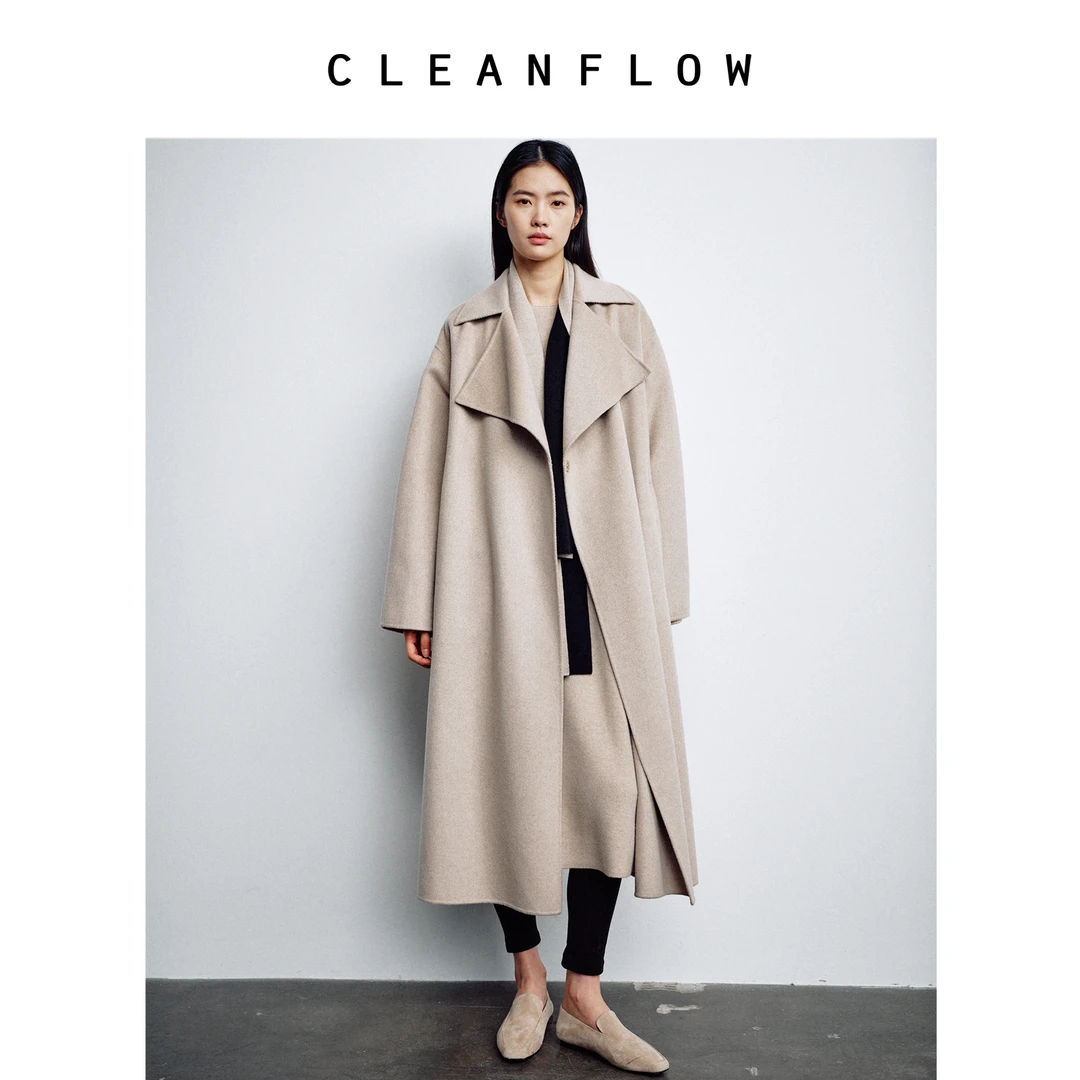 CLEANFLOW | 纯山羊绒手工双面毛呢外套女吹叶翻领长款气质感大衣