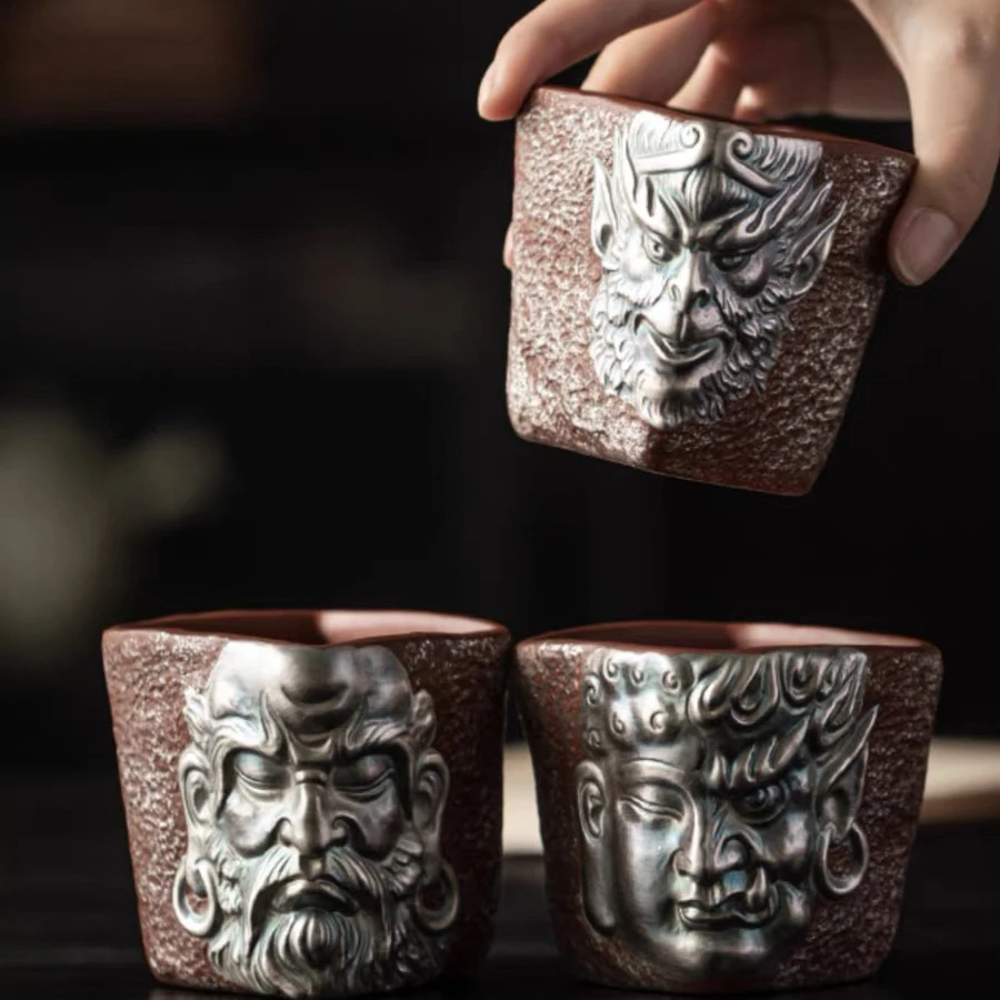 紫砂画银主人杯茶杯原矿四方品茗杯手工浮雕茶碗功夫茶具鎏银茶盏