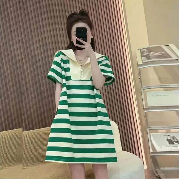 大码胖mm海军领连衣裙女2025年夏季新款宽松短袖条纹中长款裙子女