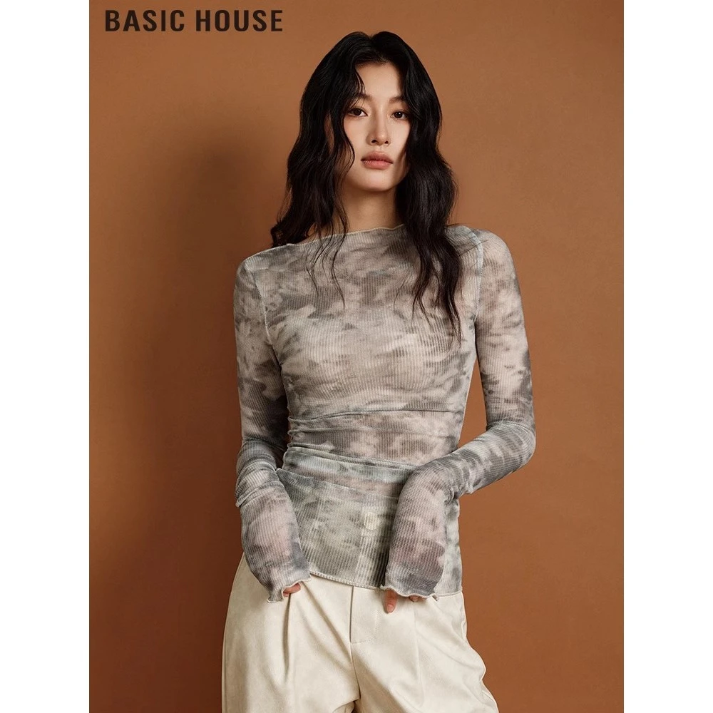 Basic House/百家好肌理感扎染打底衫修身小立领内搭蕾丝小衫女春