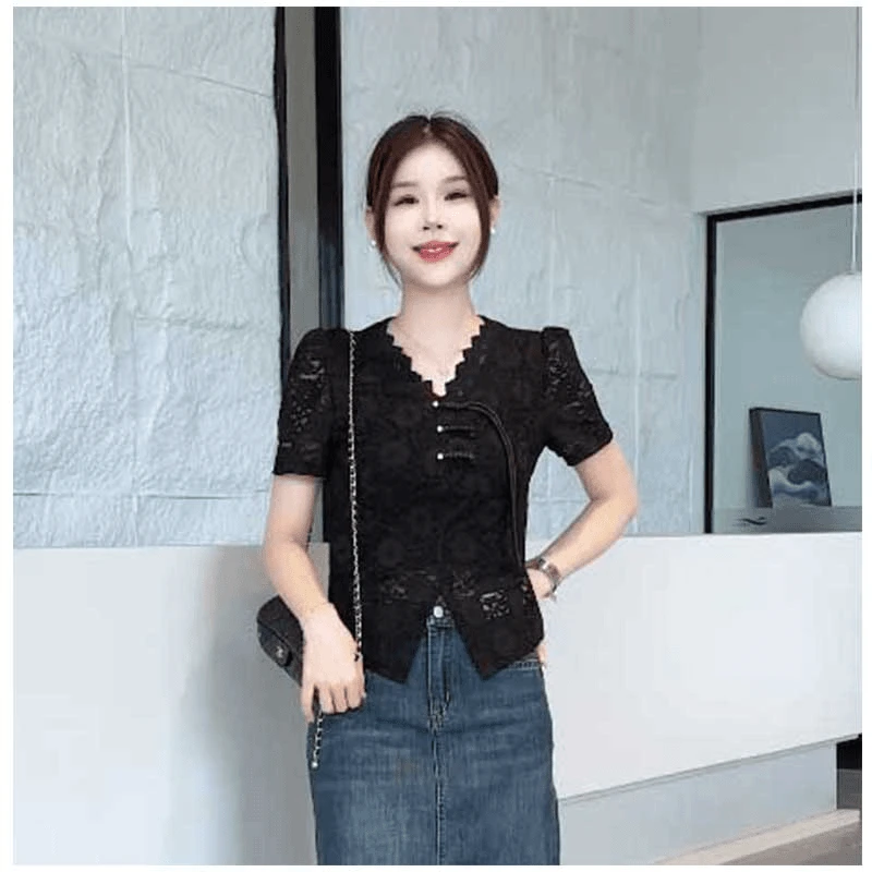 时尚蕾丝短袖夏季镂空洋气修身收腰显瘦上衣气质法式夏款【新中式】