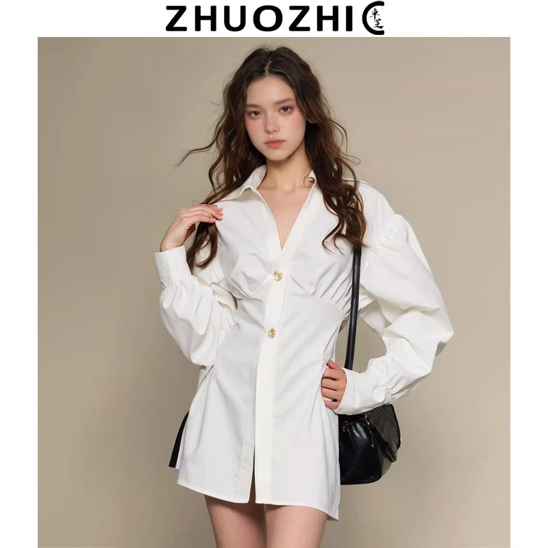 [卓芝]法式高级感简约V领白色衬衫女2025秋季新款显瘦中长款上衣