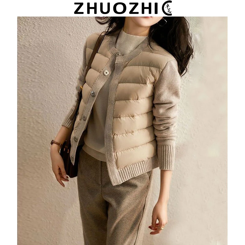 [卓芝]法式休闲针织拼接棉服女2025春季新款气质修身轻便保暖外套