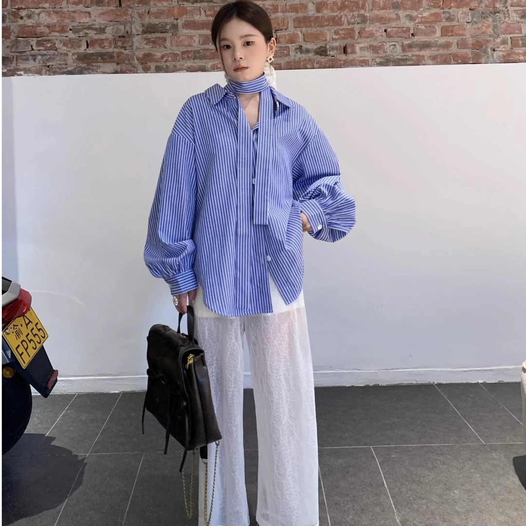 DAMEI大美 好看的蕾丝裤子 奶米色拼接镂空直筒宽松休闲裤春秋女