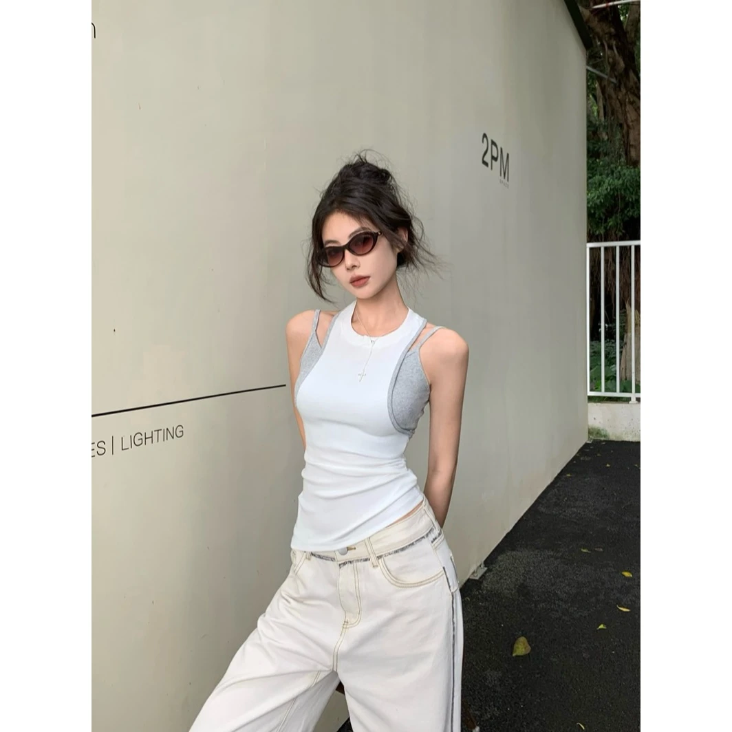 美式辣妹白色吊带背心女夏季设计感小众假两件修身弹力无袖上衣潮