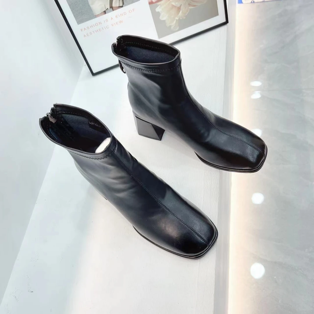 门店268！秋冬新款中跟方头短筒短靴粗跟及踝裸靴瘦瘦靴女潮539