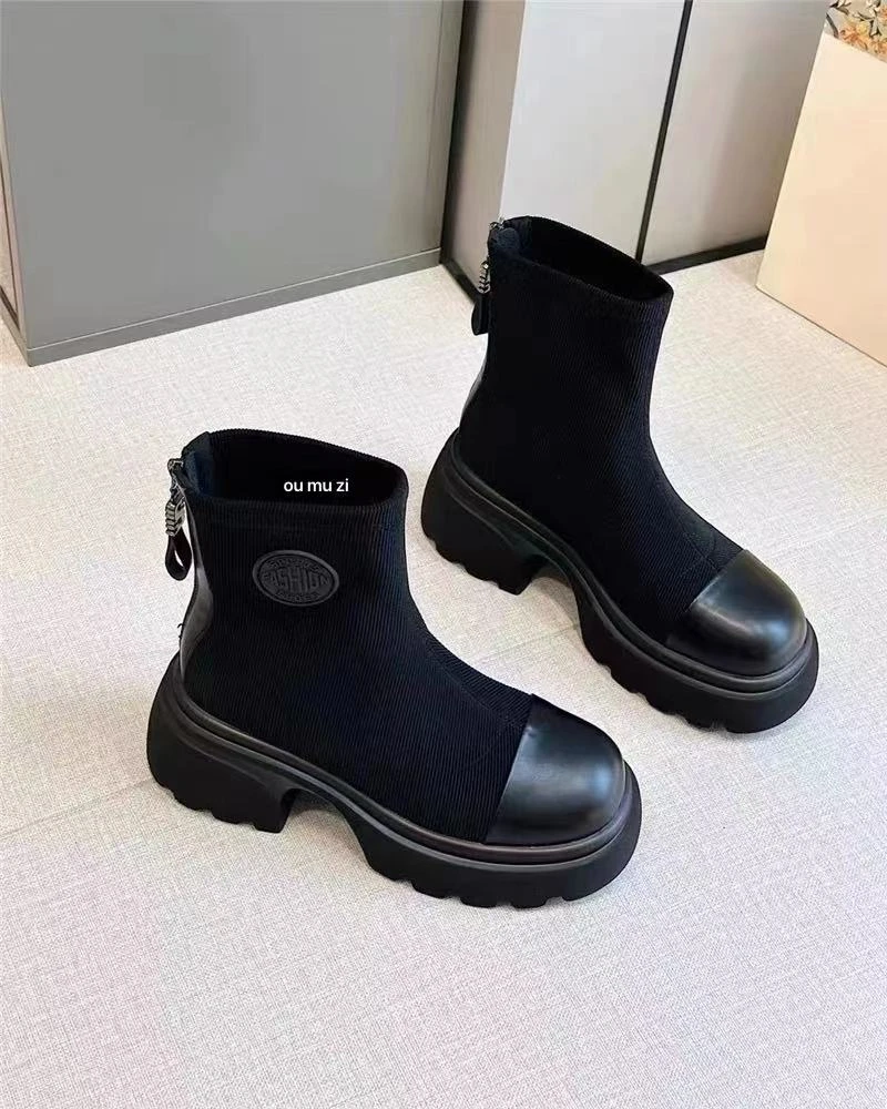 门店369！瘦网面瘦靴薄款粗跟新款秋季短靴短筒5cm弹力袜子靴X6120