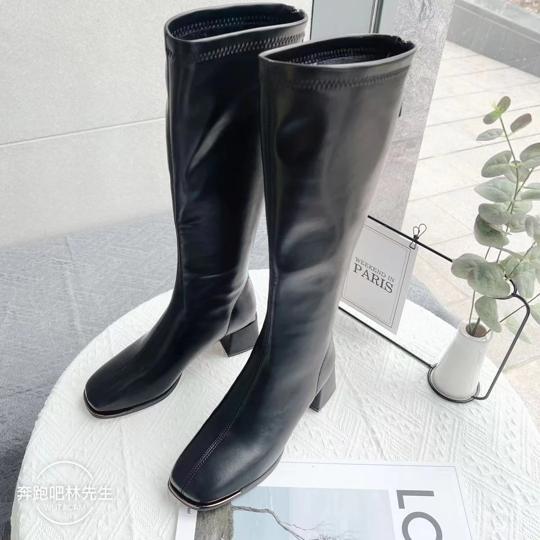 门店388！跟高加绒平口长靴不过膝长靴新款百搭筒靴9-951A