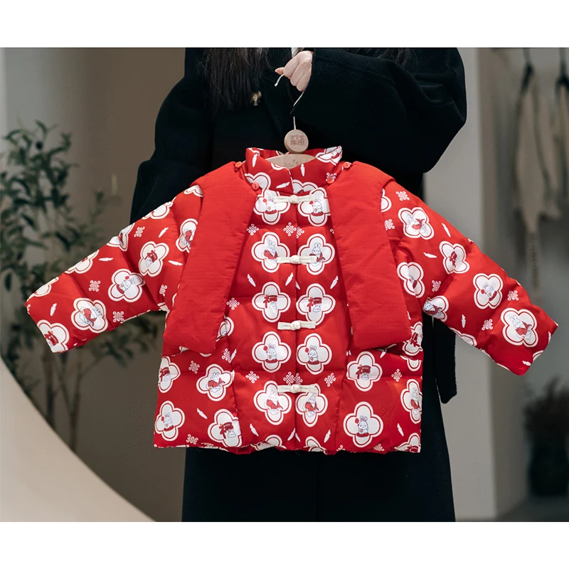 咪多咪彩福兔国潮风冬季新款小兔子印花加厚短款保暖羽绒服外套