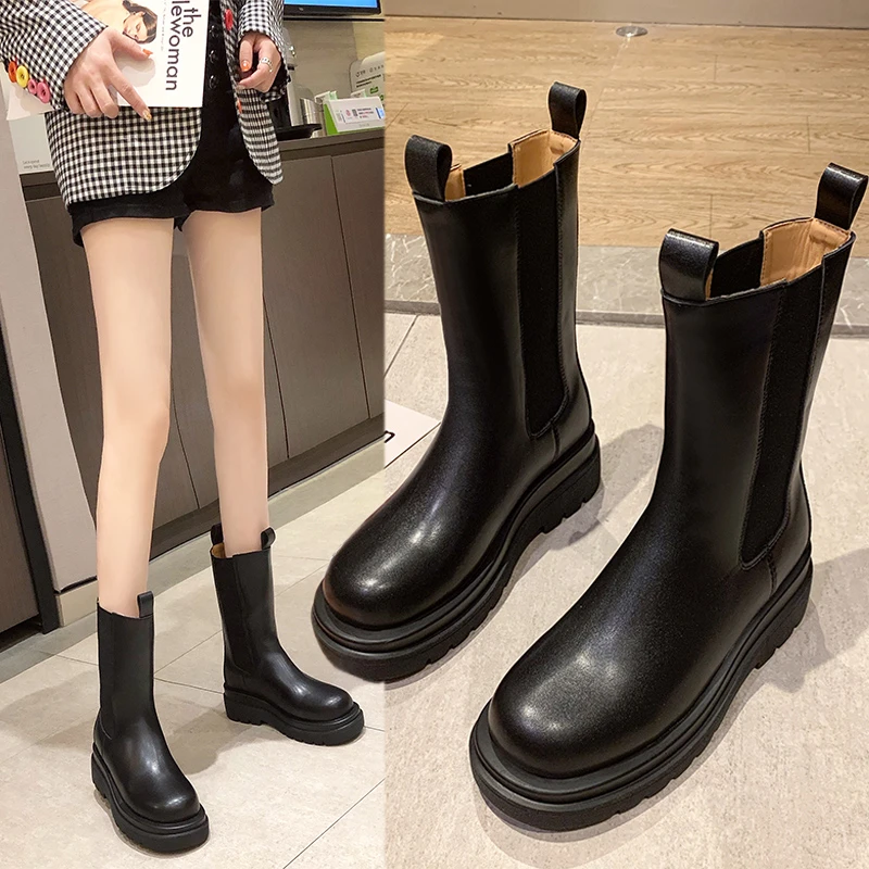 大码女靴41一43烟筒靴女中筒靴粗腿胖mm大筒围马丁靴切尔西短靴子