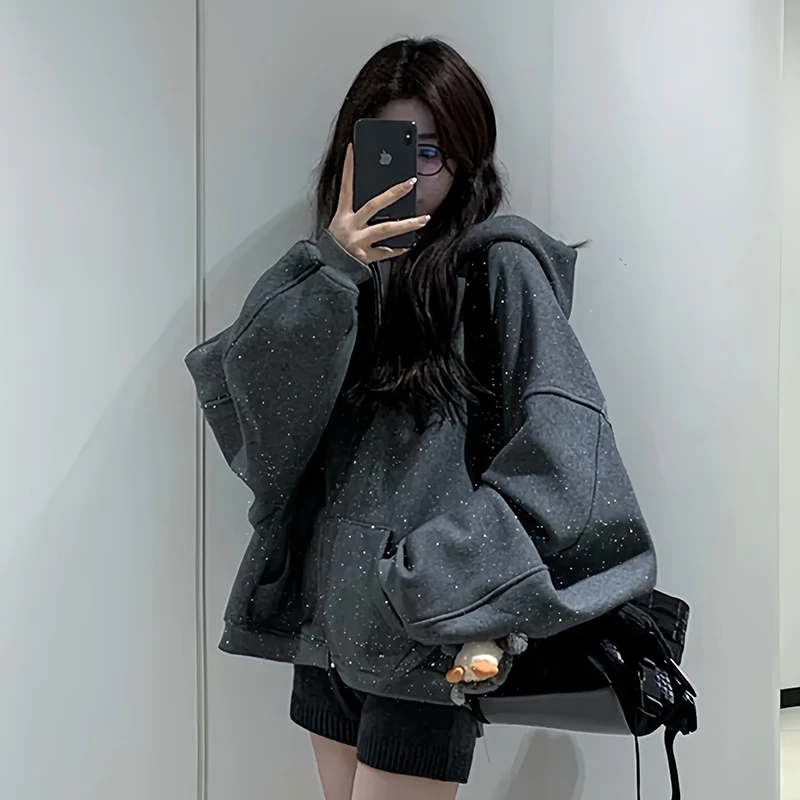 PANDARICH大幂幂同款框架感慵懒银河细闪卫衣氛围感大帽开衫加绒