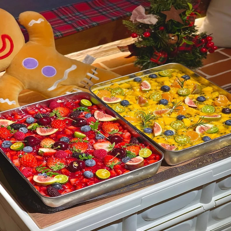 提拉米苏托盘网红蛋糕烤盘带盖不锈钢盘子多功能长方形托盘家用