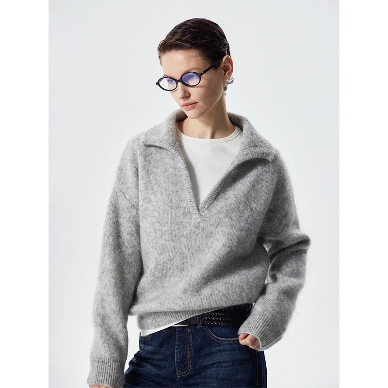 棘光THORNSAURA V字翻领针织衫马海毛套头长袖毛衣女-T2411SX555