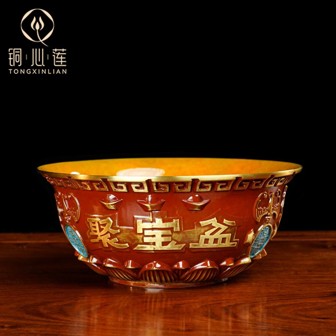 铜心莲《五福聚宝盆》纯黄铜手工桌面摆件创意送礼新居乔迁开业送礼