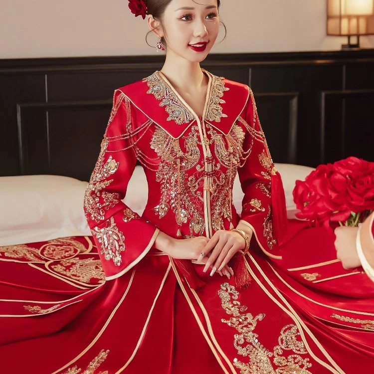 高级缎面新娘秀禾服2024年新款V领中式嫁衣夏季结婚敬酒礼服婚服