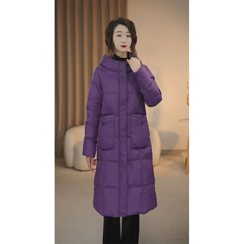 洛可沐 冬季中长款白鹅绒女款羽绒服休闲时尚连帽女士厚款外套