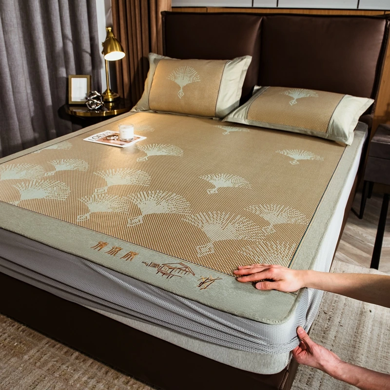 水星家纺适用2025新款加厚加密宽边刺绣提花冰藤凉席床笠款三件套