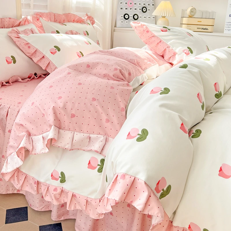 水星新家纺公主风床裙款四件套全棉棉质100床床单被套学生宿舍