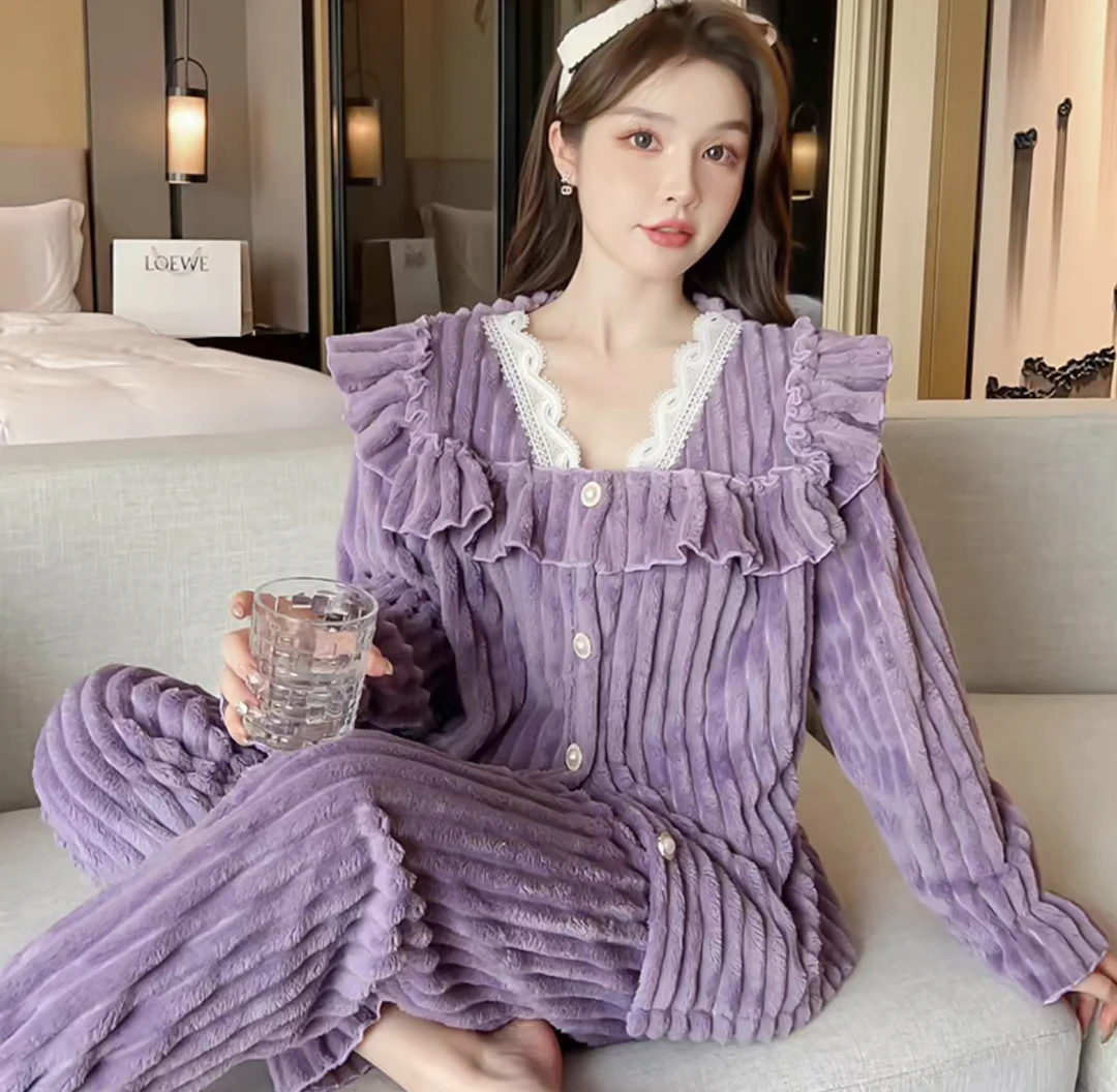 睡衣女秋冬款家居服法兰绒加绒冬季甜美公主风保暖套装88-1