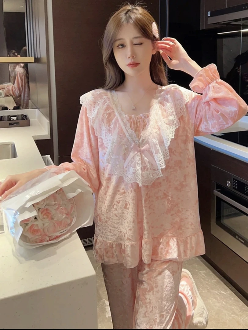 甜美公主风睡衣女春秋蕾丝宫廷风长袖套装女士可外穿家居服6014