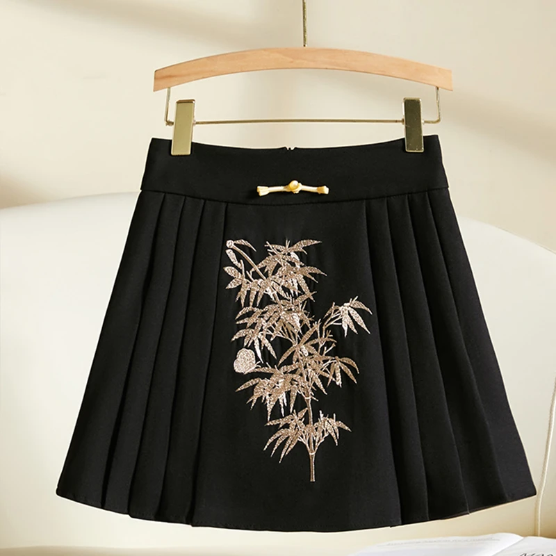 黑色新中式百褶裙短裙女夏季绣花裙子国风改良高级感马面裙半身裙