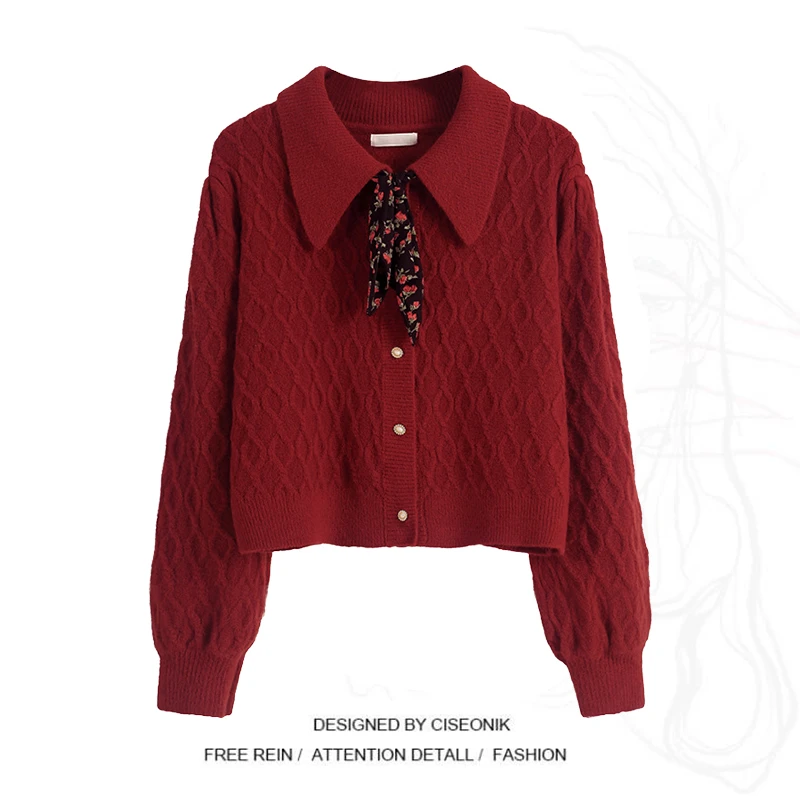 麻花毛衣女套头外穿秋冬2025新款红色洋气开衫短款外套娃娃领上衣