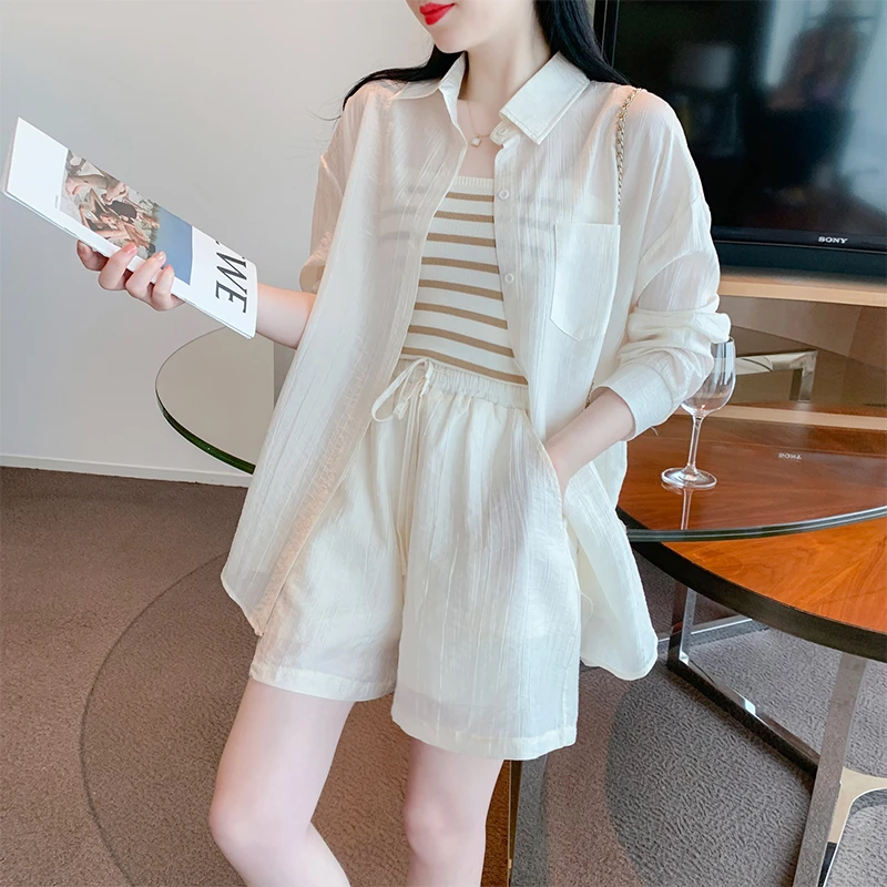 夏季套装女2025新款大码时尚防晒衬衫吊带搭配气质显瘦短裤三件套