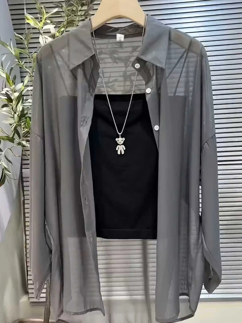 夏季套装女2025新款大码穿搭防晒雪纺衬衫上衣内搭吊带背心两件套